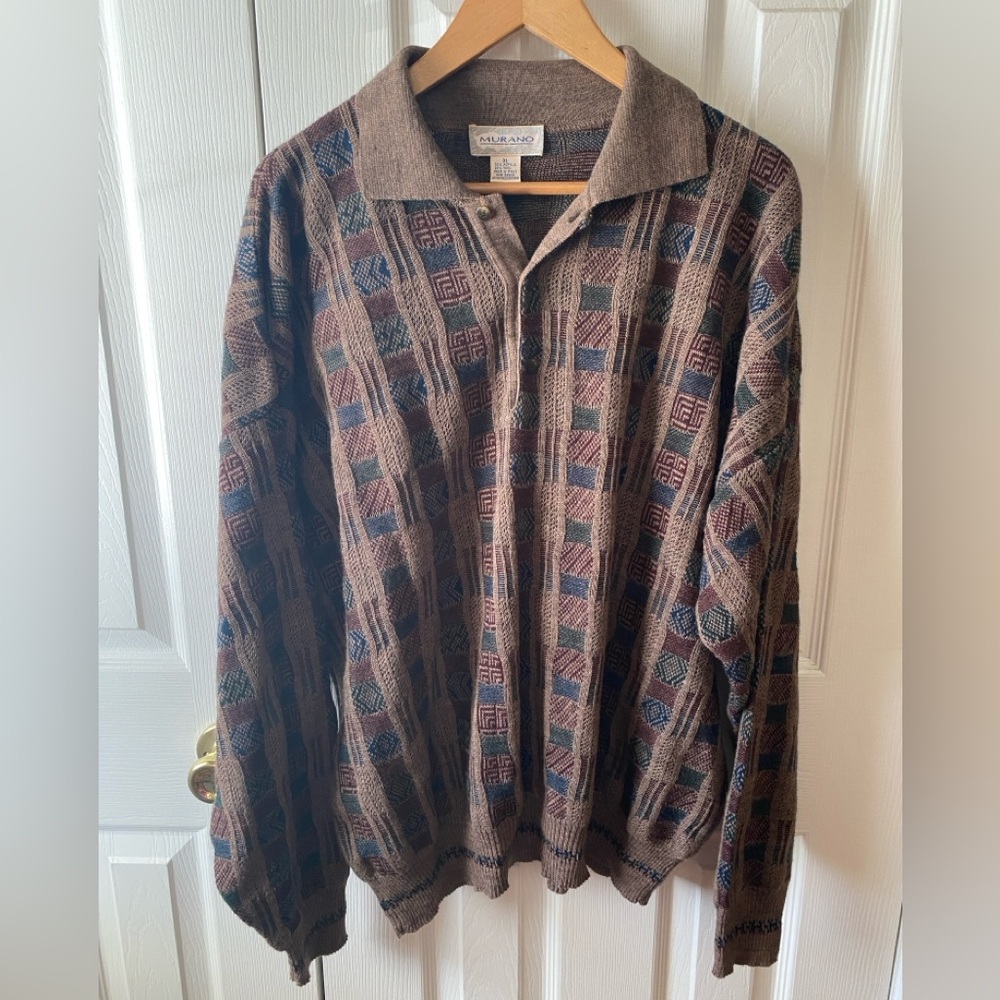 VINTAGE MURANO Brown Wool Blend 3D Knit Collared Grandpa Sweater SZ XL
